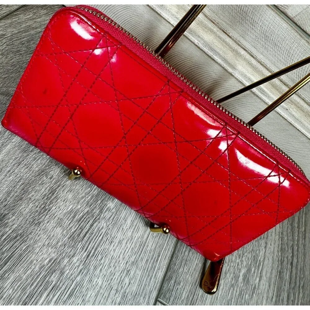 Lady Dior Passion Pink Patent Cannage Calfskin Continental Zip Around Wallet